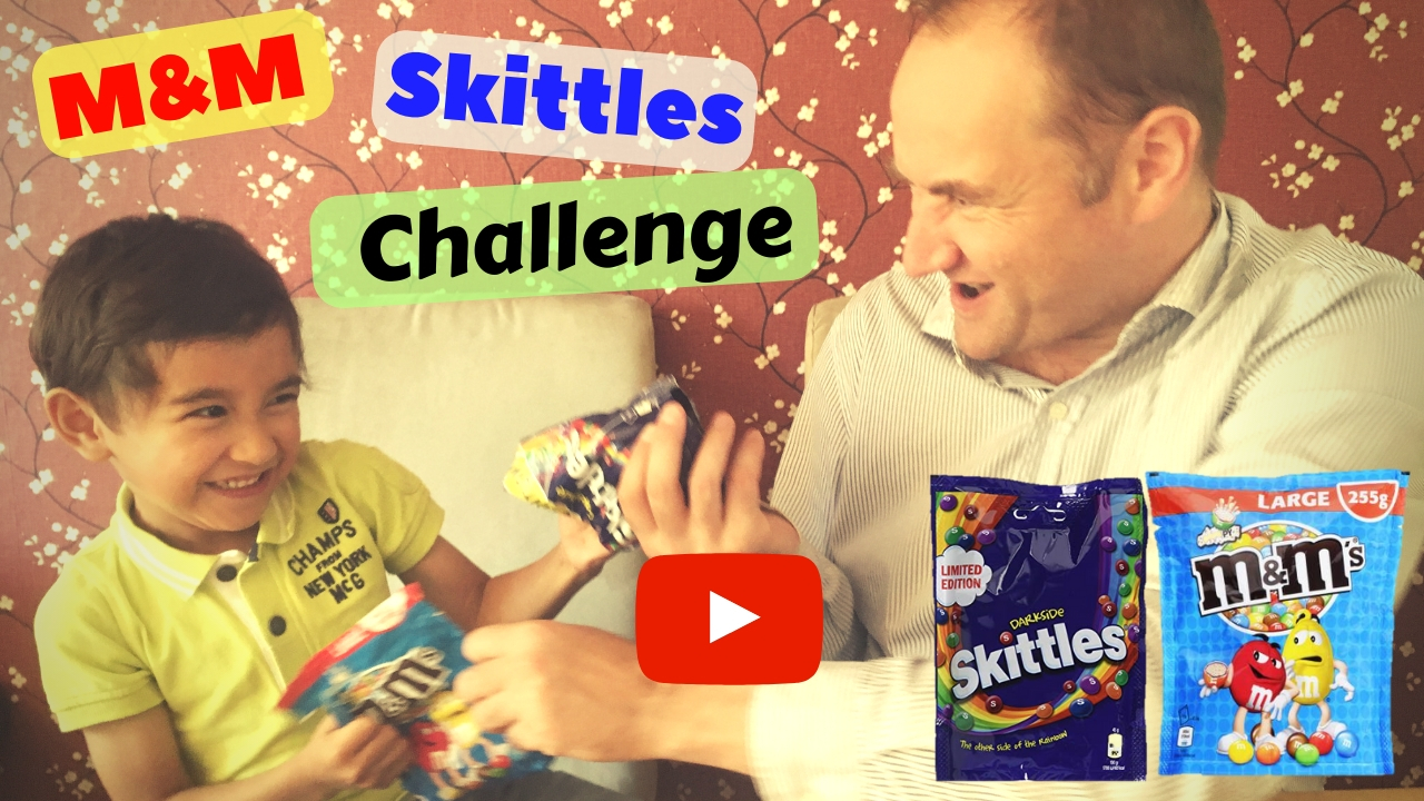 Youtube thumbnail Max M&M skittles challenge battle daddy and son play button